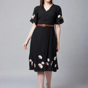 tckty Women Wrap Black Below Knee Dress