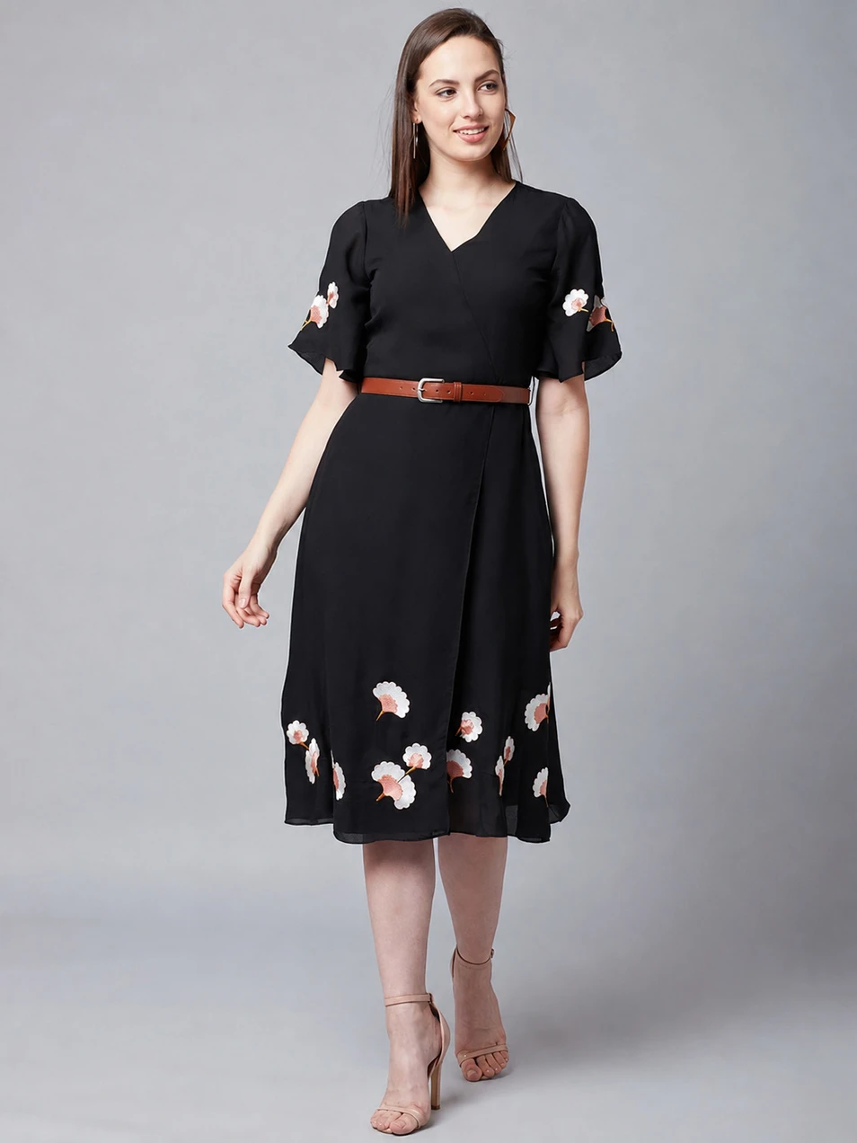 tckty Women Wrap Black Below Knee Dress